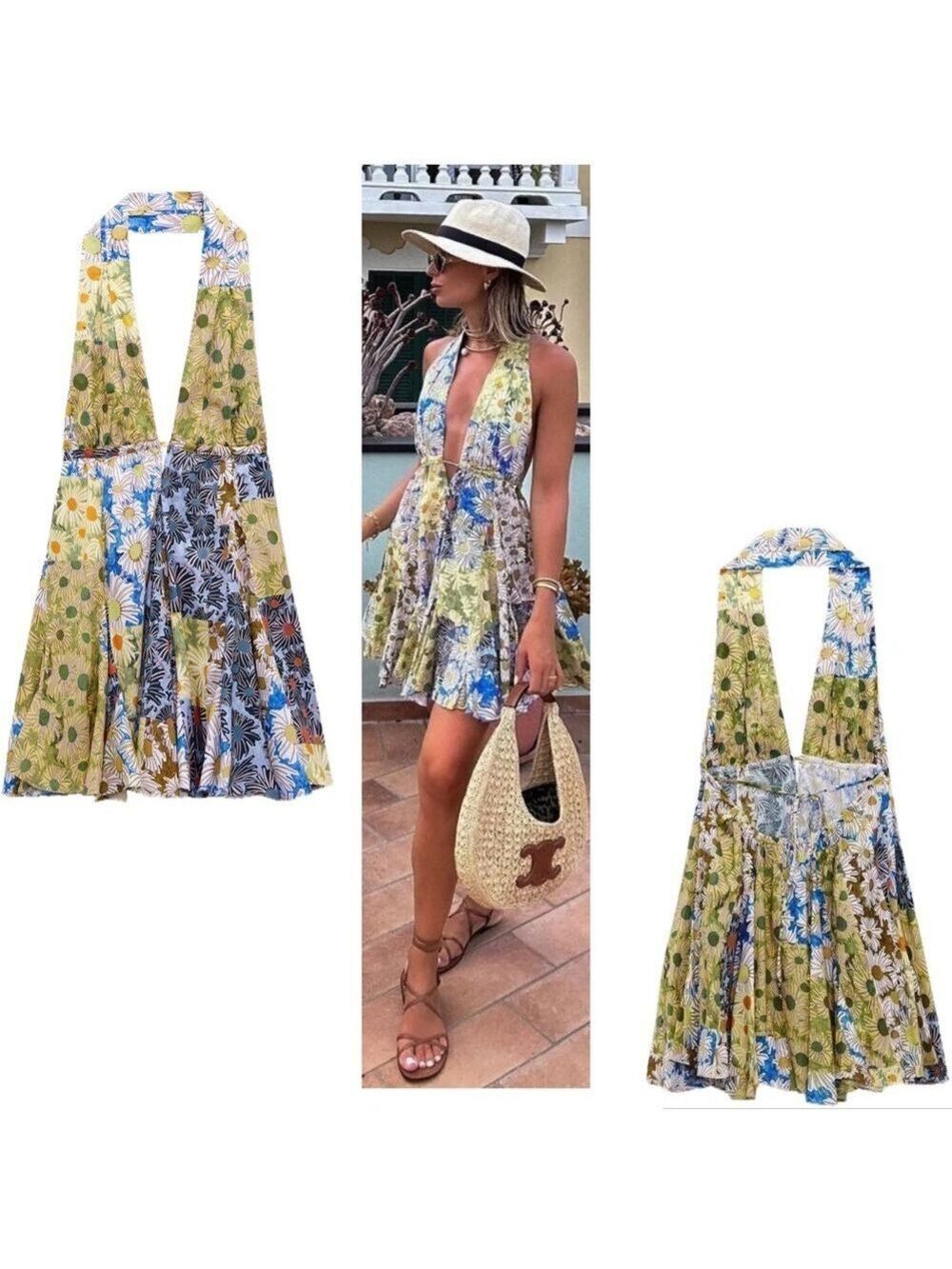 Zara Floral Daisy Printed Halter Mini Dress Size XL Bloggers Bohemian Holiday